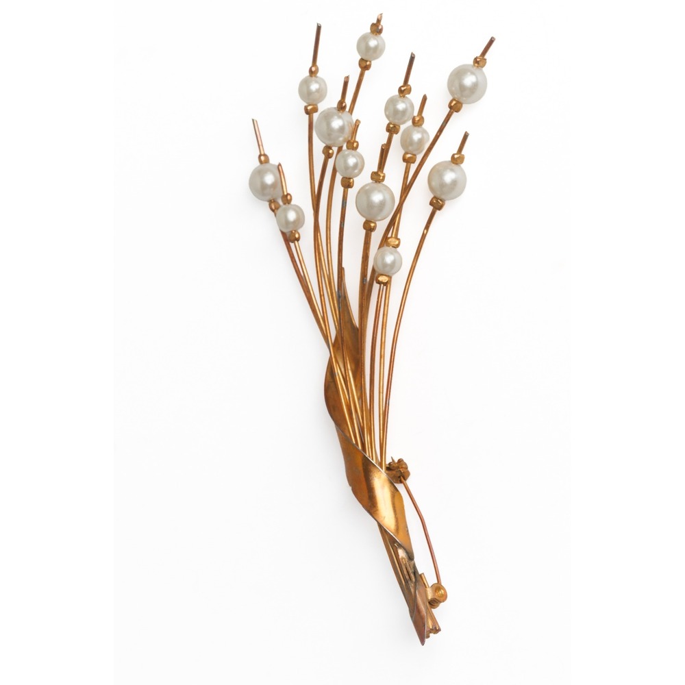 Vintage 1950s Flower Spray Brooch Faux Pearls Gold Metal